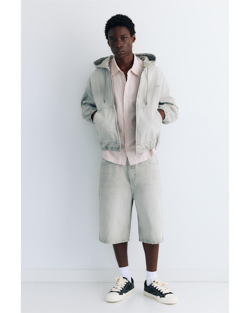 Pull&Bear Gray Stwd Hooded Zip-Up Denim Jacket for men