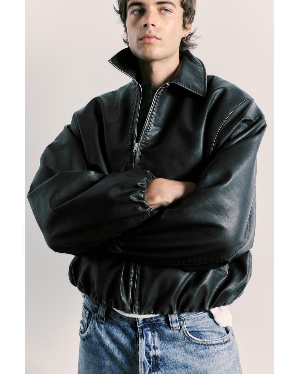 Pull&Bear Black Leather-Effect Balloon Jacket for men