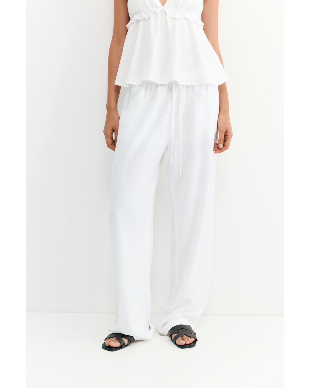 Pull&Bear White Flowy Trousers With Linen