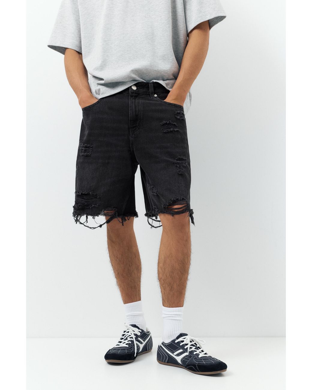 Pull&Bear Gray Straight-Leg Denim Bermuda Shorts for men