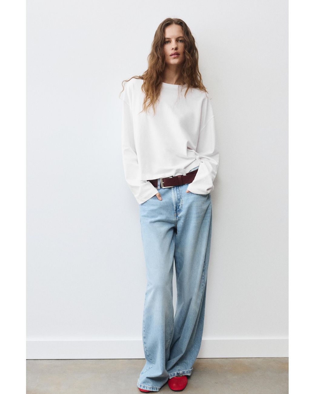 Pull&Bear White Boxy-Fit Long Sleeve T-Shirt