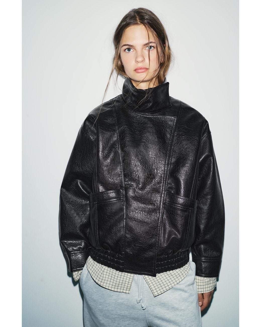 Pull&Bear Black Leather Effect High Neck Jacket