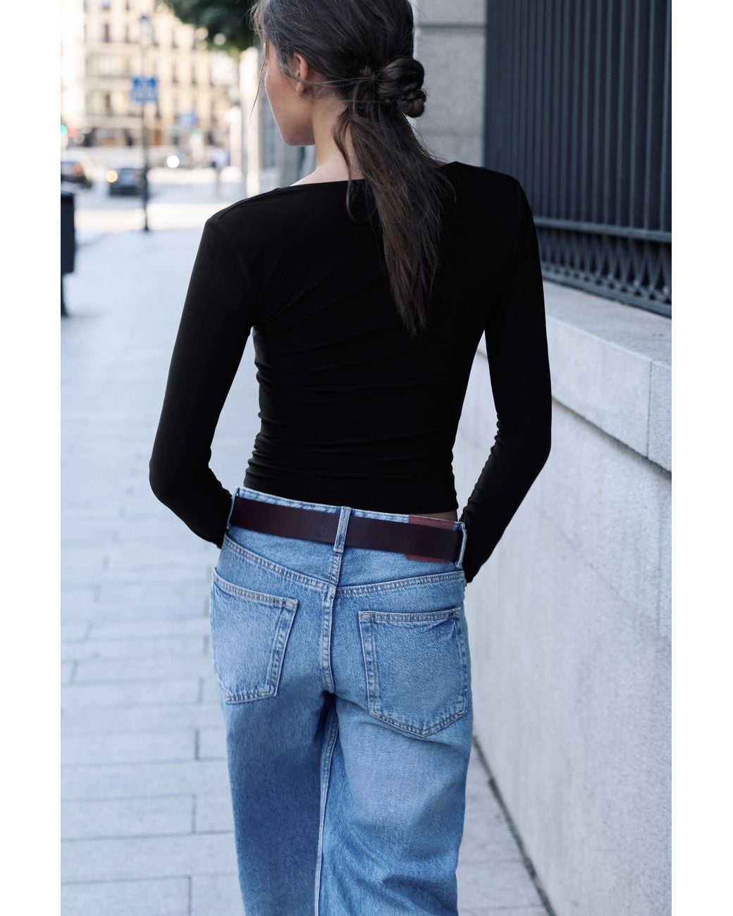 Pull&Bear Black Square Neckline Top With Gathered Detail