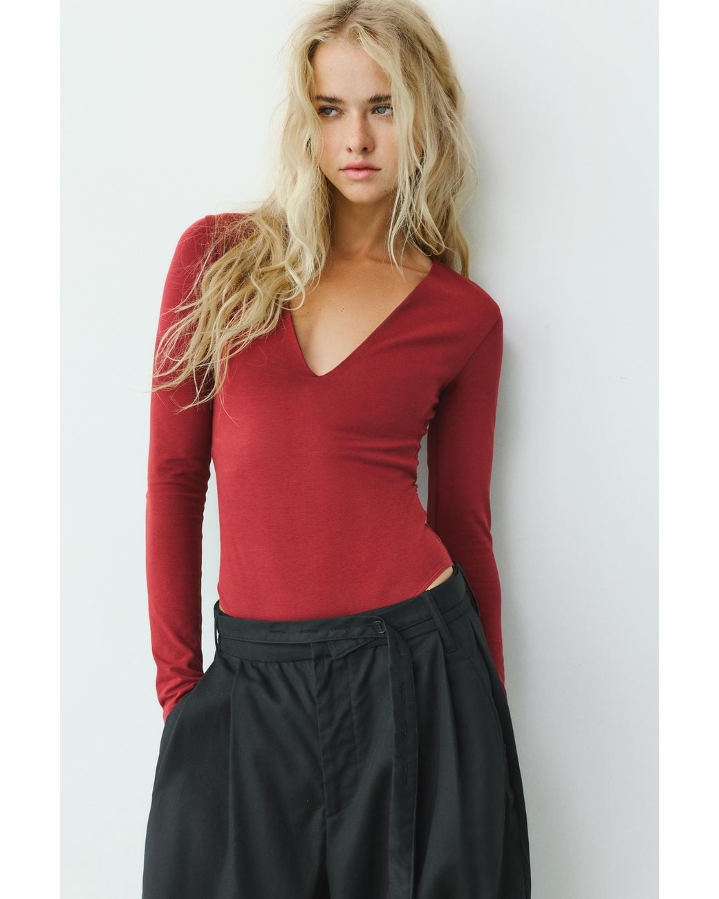 Pull&Bear Red V-Neck Bodysuit