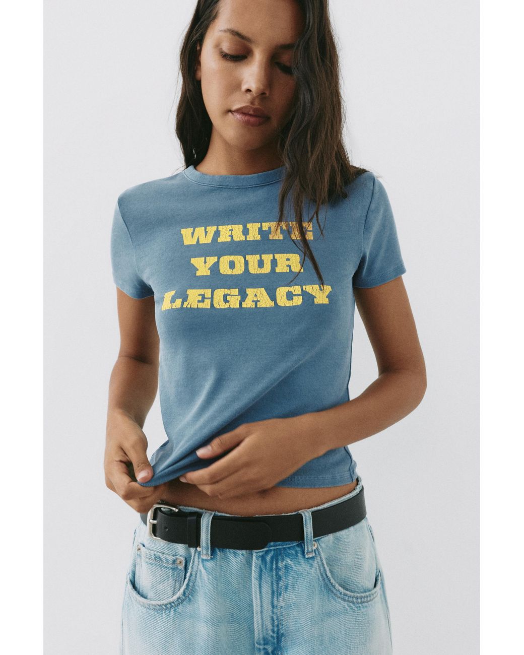 Pull&Bear Blue Regular Fit Crackled Graphic T-Shirt