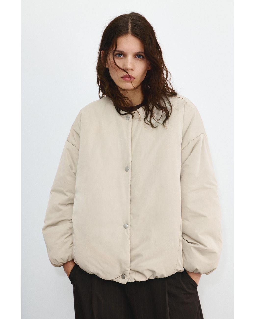 Pull&Bear Natural Quilted Jacket With Snap Button