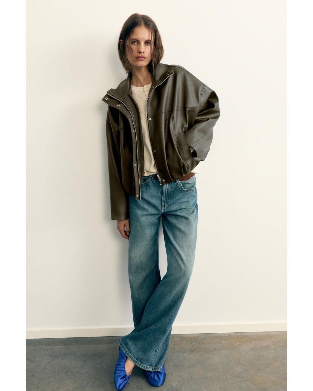Pull&Bear Green Leather-Effect Balloon Bomber Jacket