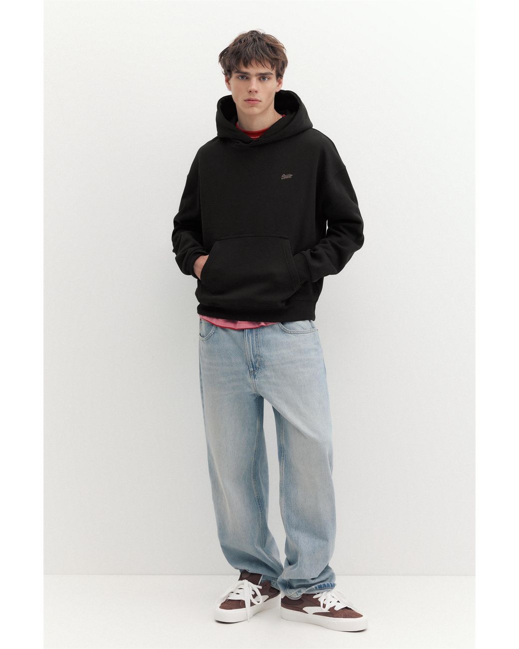 Pull&Bear Black Stwd Logo Boxy Hoodie for men
