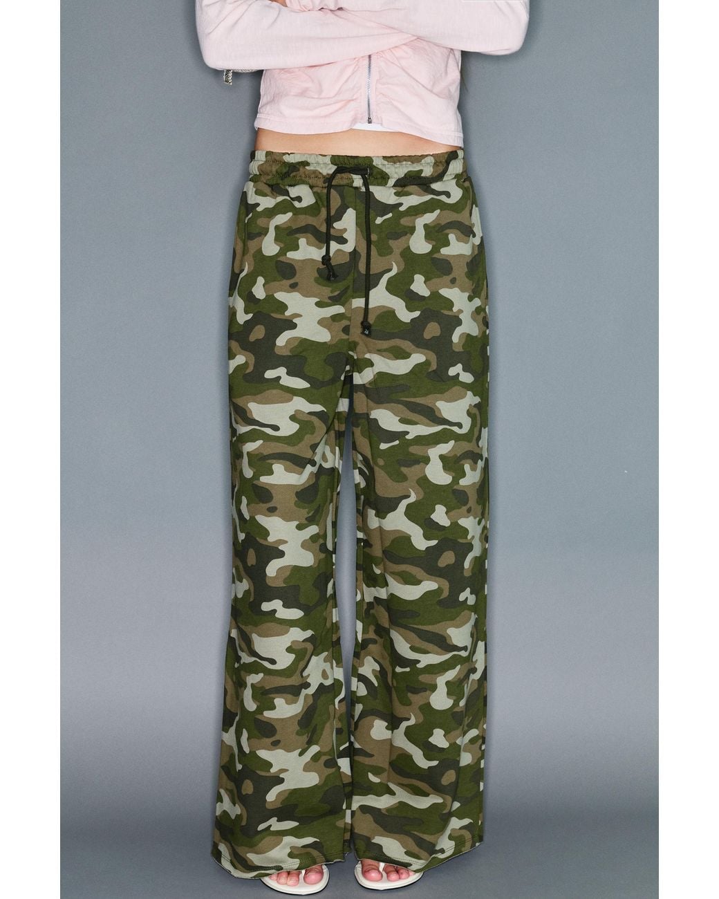Pull&Bear Gray Wide-Leg Printed Trousers