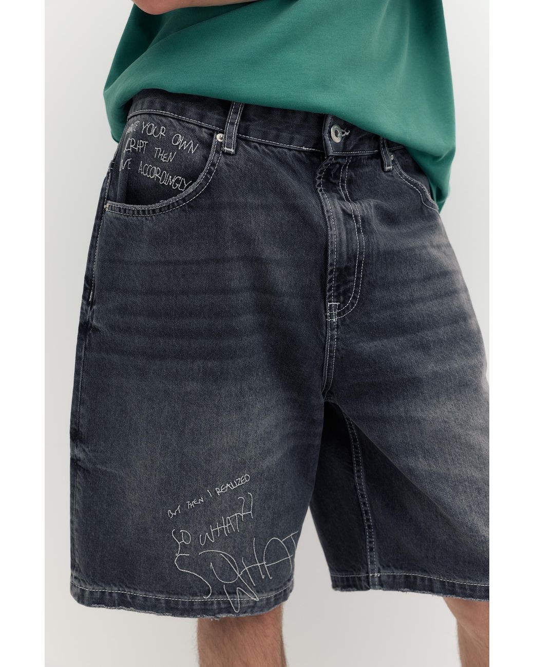 Pull&Bear Green Embroidered Baggy Denim Bermuda Shorts for men