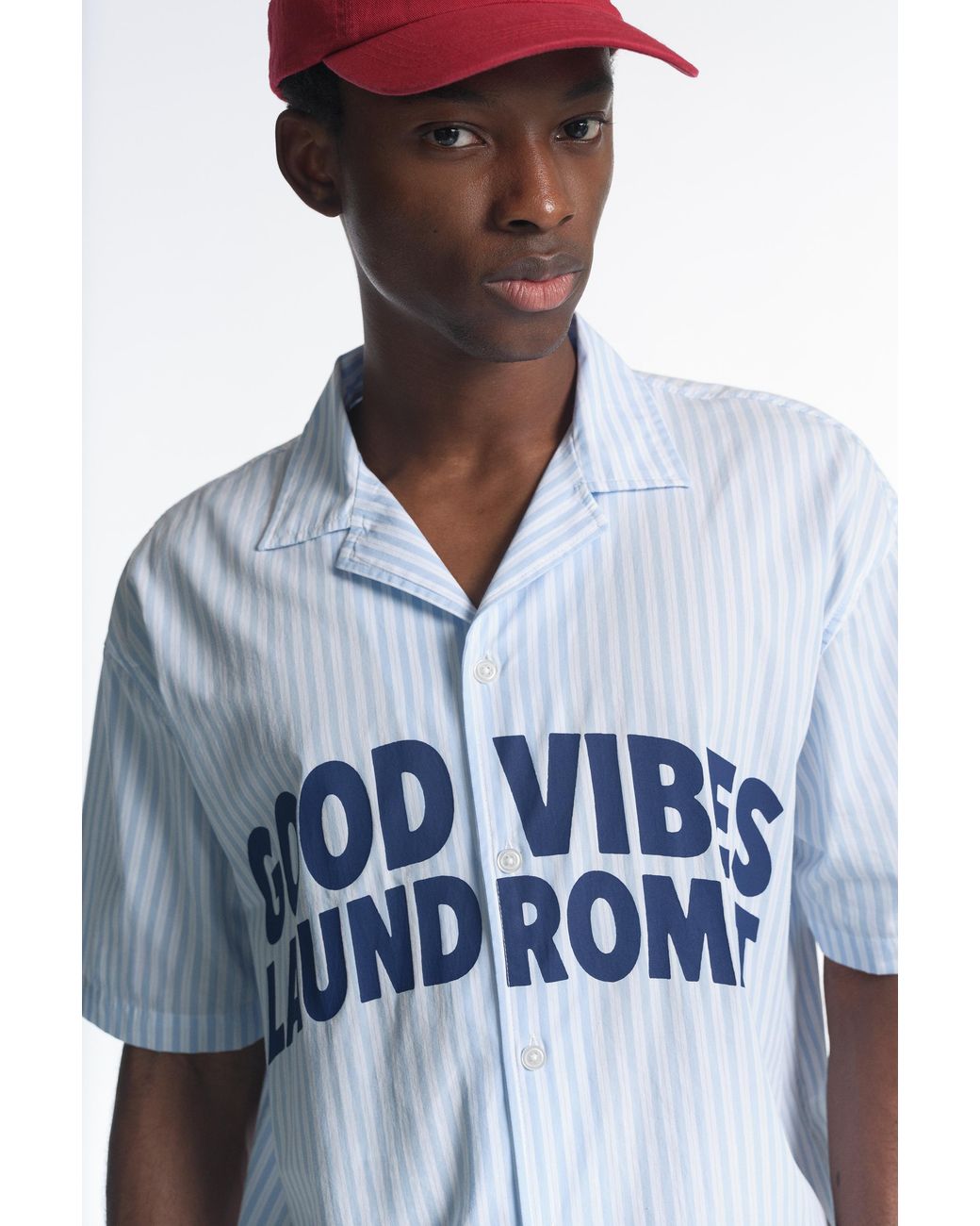 Pull&Bear Black Striped Text Short Sleeve Shirt for men