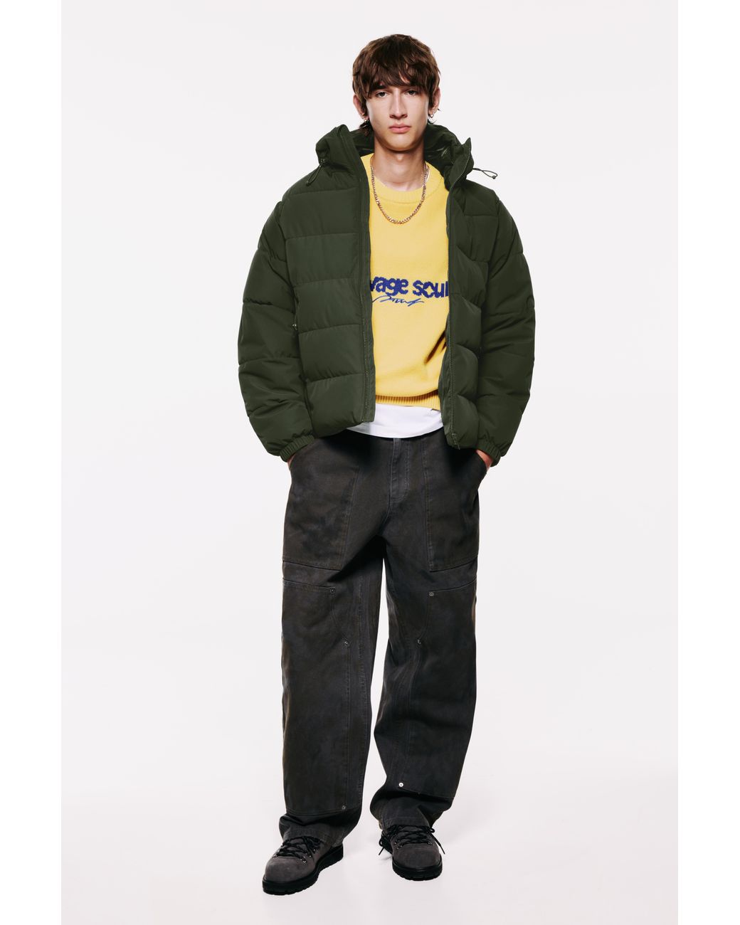 Pull&Bear Green Quilted Jacket With Hood for men