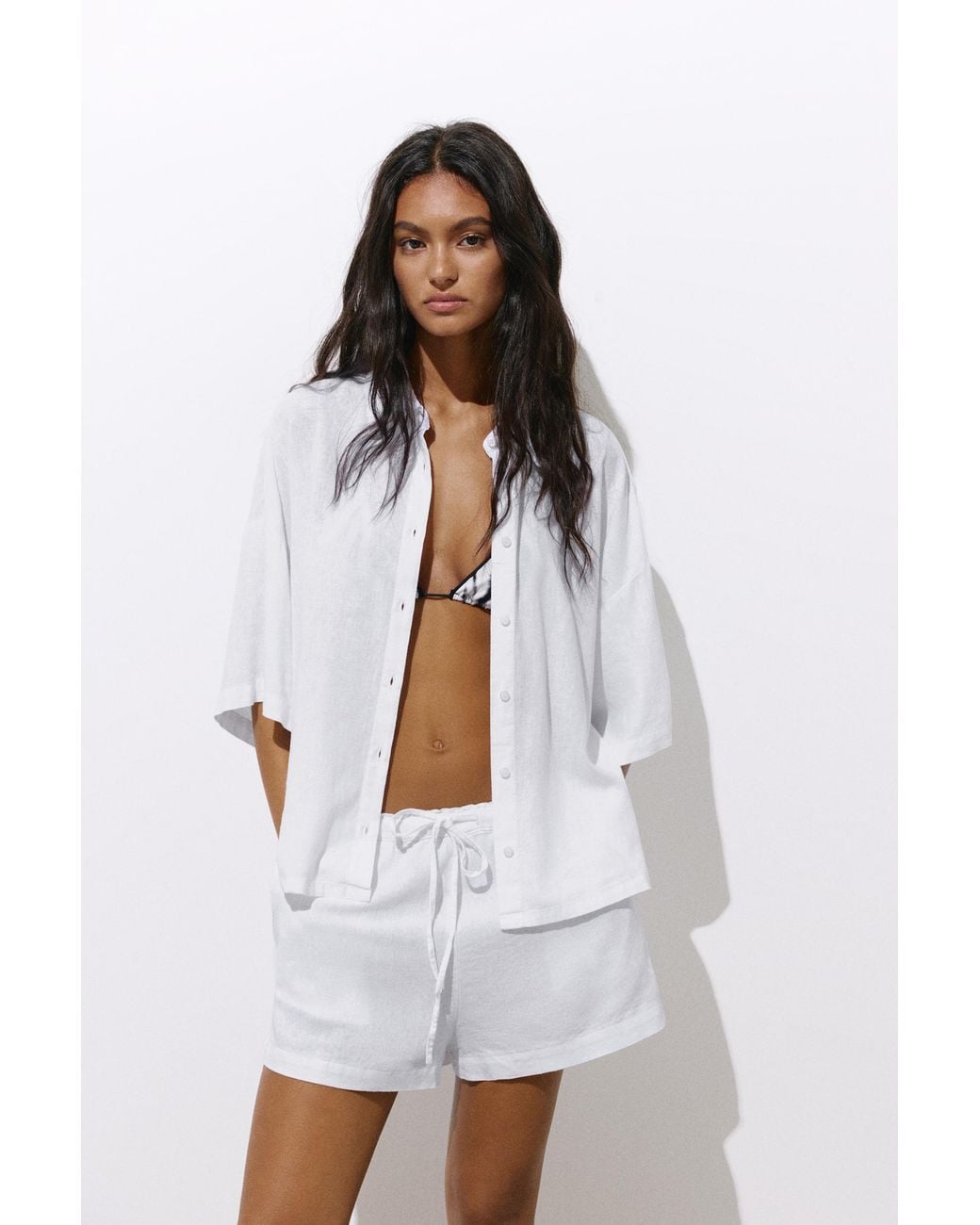 Pull&Bear White Short Sleeve Linen Blend Shirt