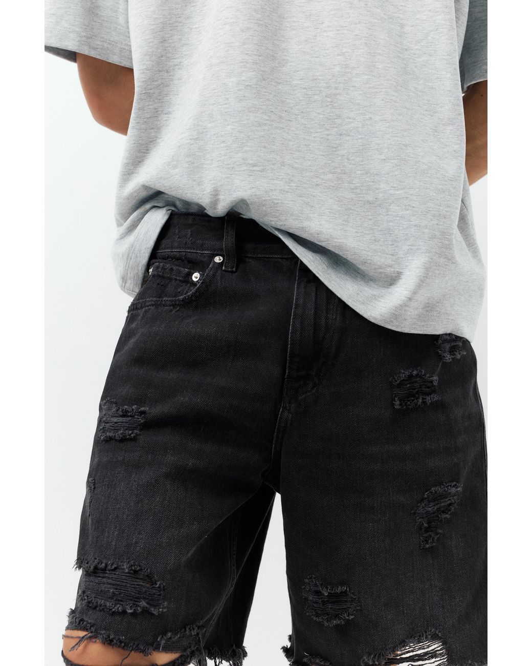 Pull&Bear Gray Straight-Leg Denim Bermuda Shorts for men