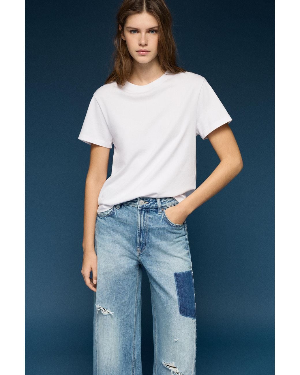 Pull&Bear Blue Patchwork Wide-Leg Jeans