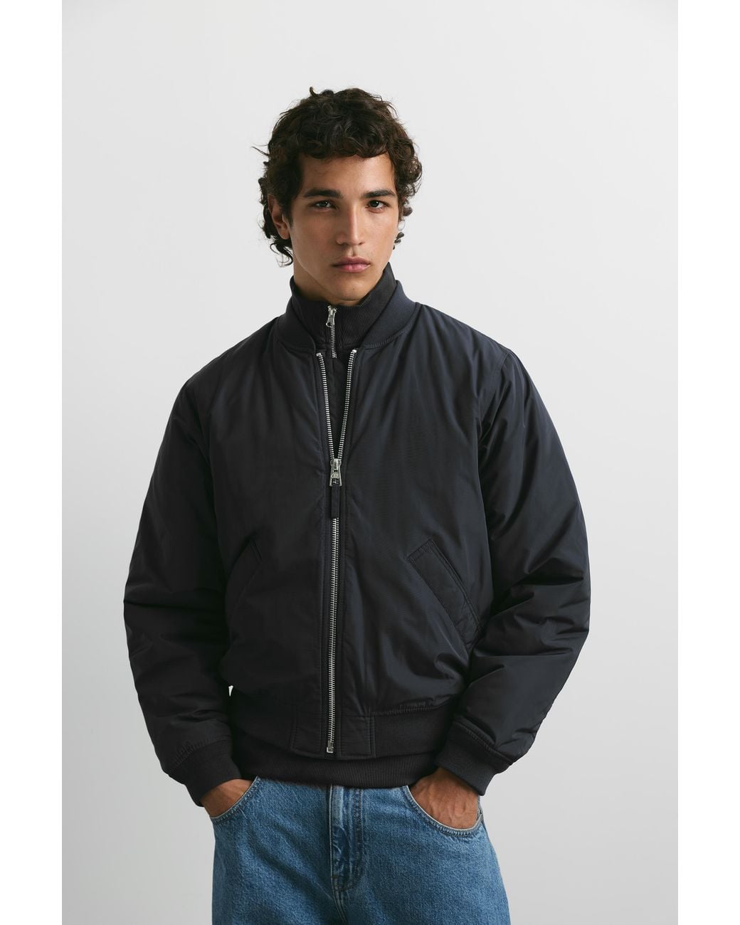 Pull&Bear Black Padded Bomber Jacket for men