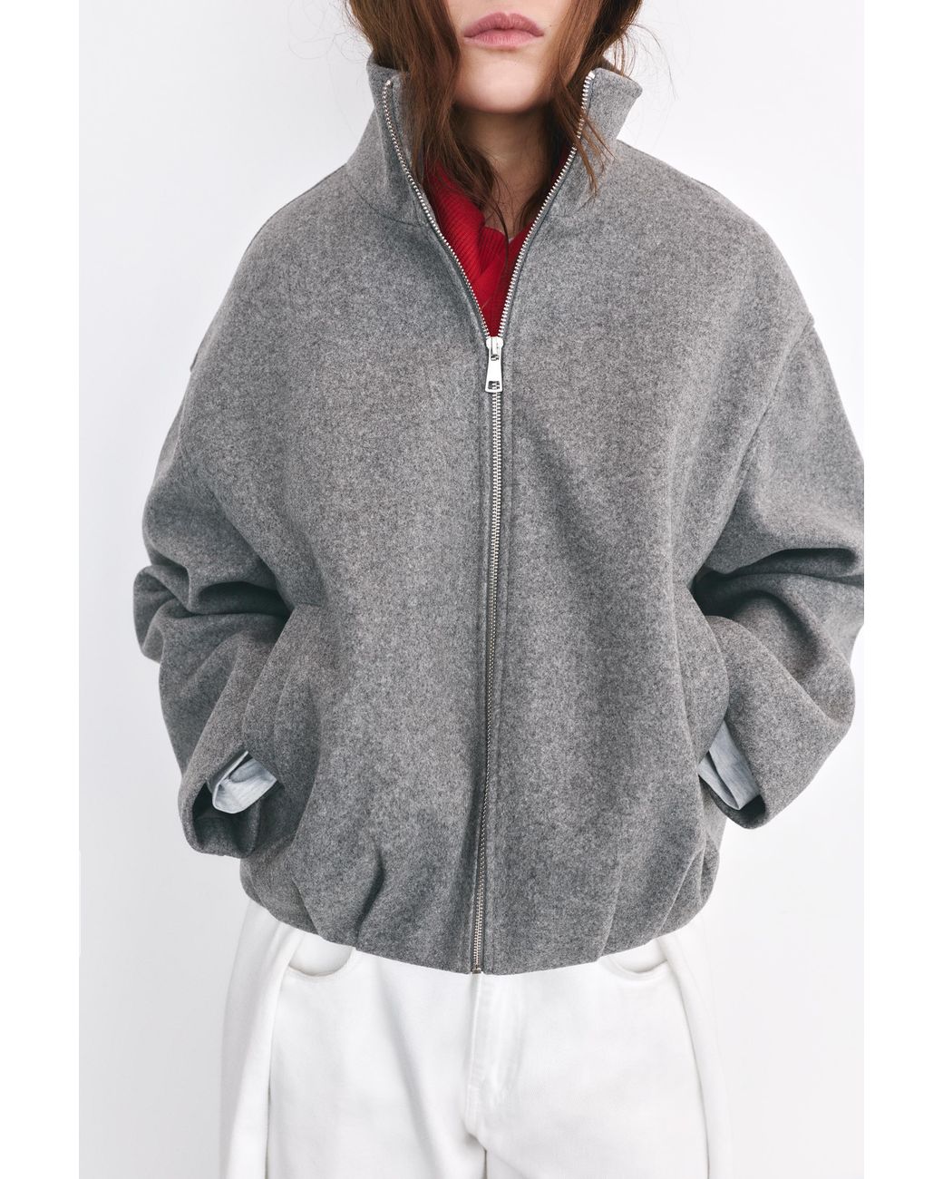 Pull&Bear Gray Wool Balloon Bomber Jacket