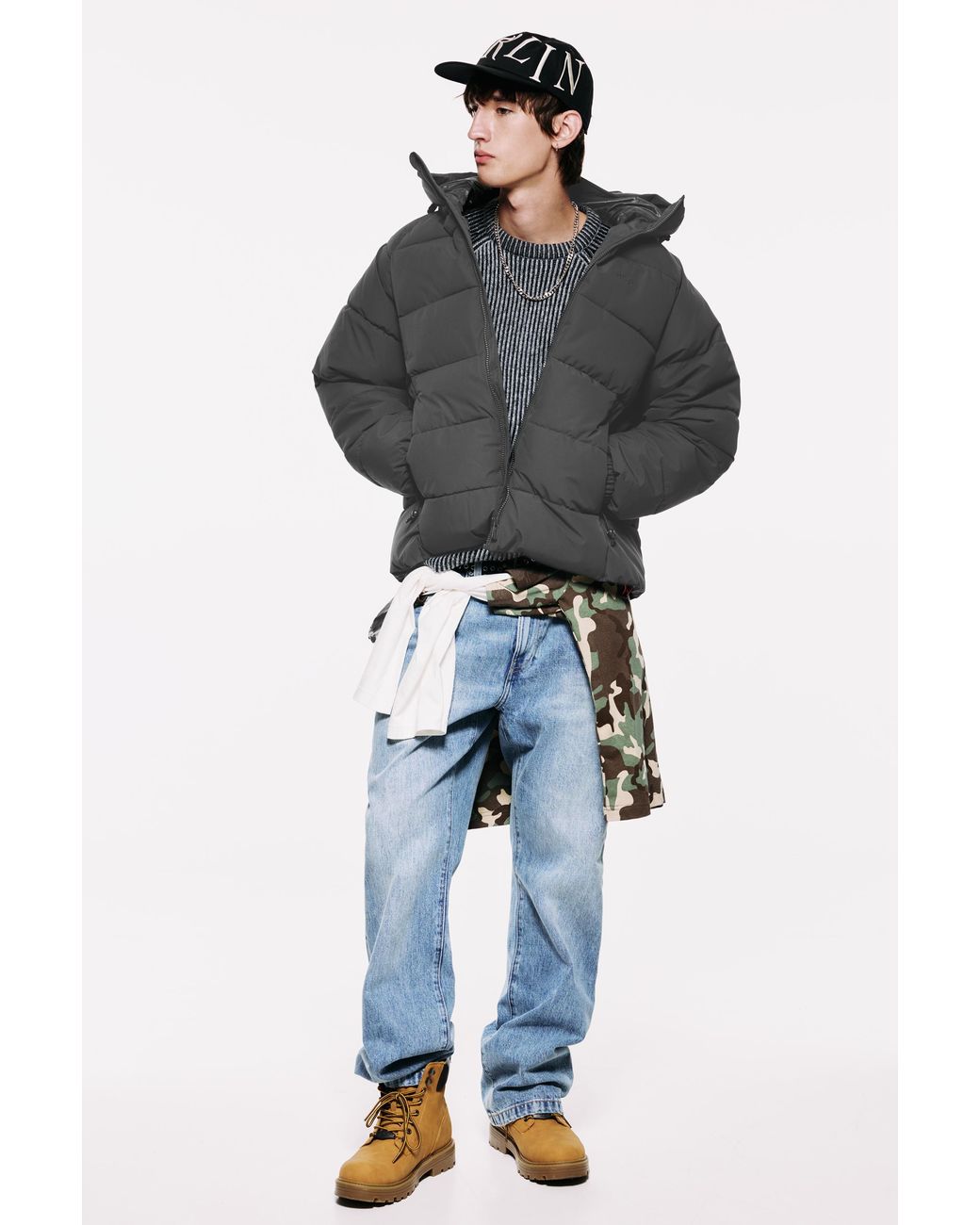 Pull&Bear Gray Quilted Jacket With Hood for men
