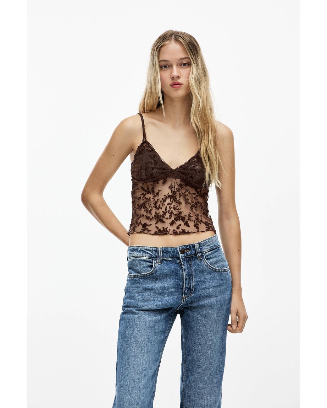 Pull&Bear Velvet Lace Tulle Top in Blue Lyst UK