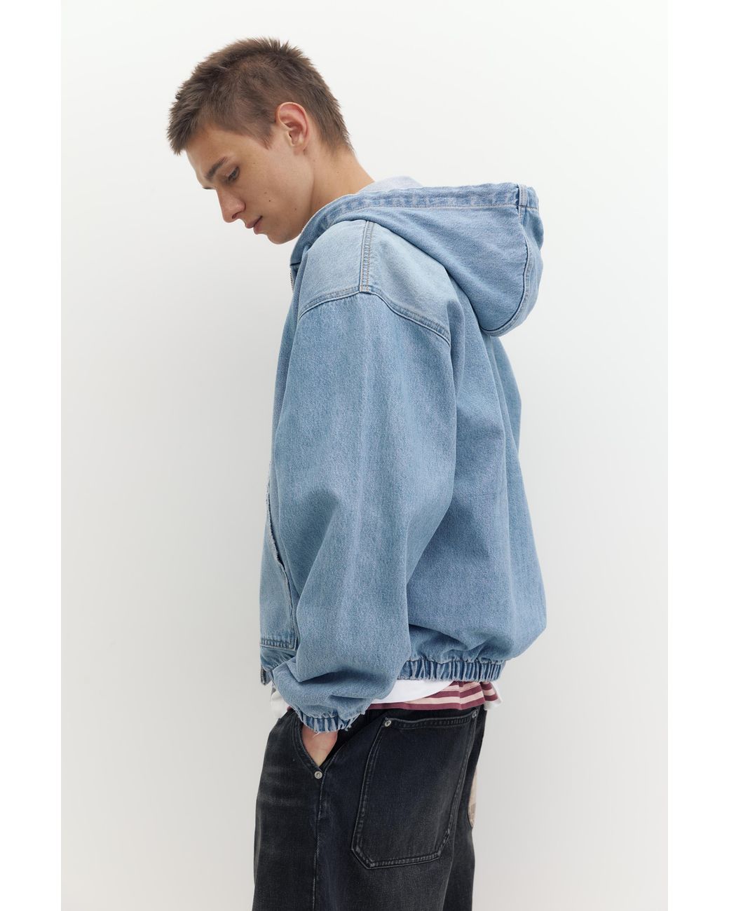 Pull&Bear Blue Stwd Hooded Zip-Up Denim Jacket for men
