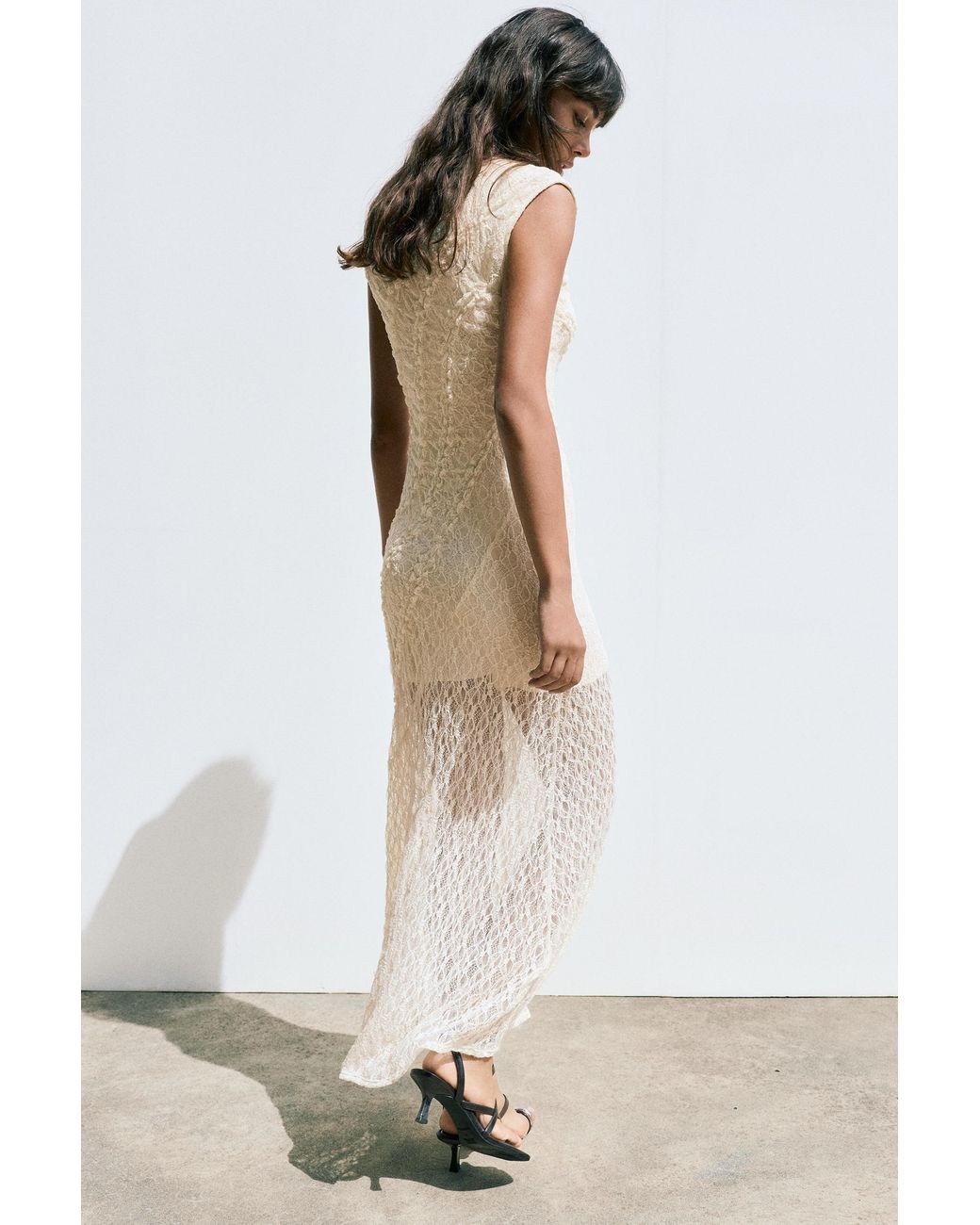 Pull&Bear Natural Fitted Lace Midi Dress
