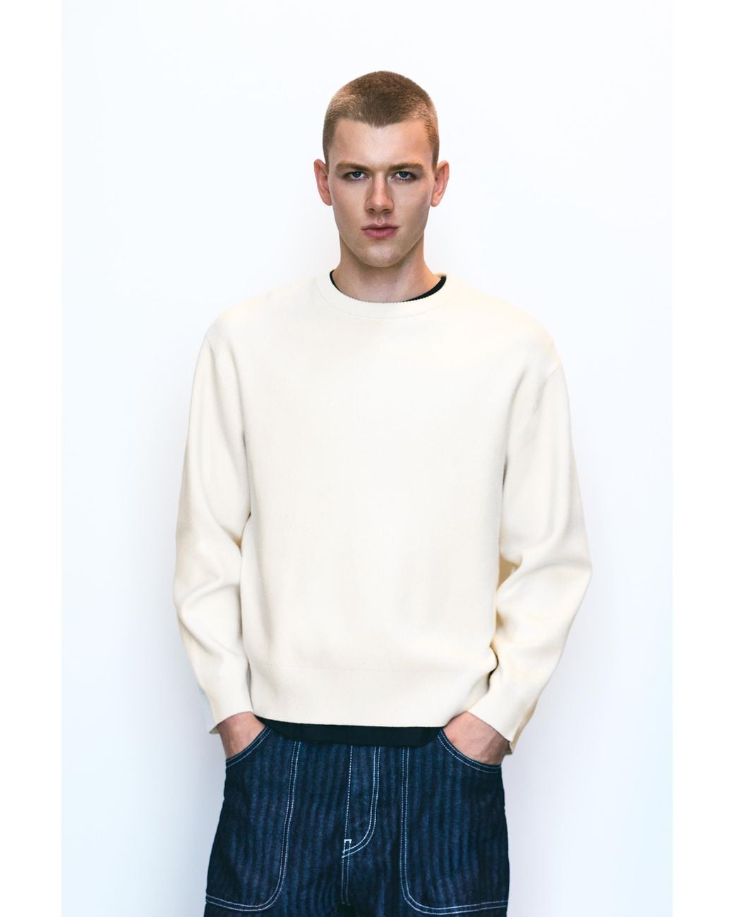Pull&Bear White Soft Round Neck Jumper for men
