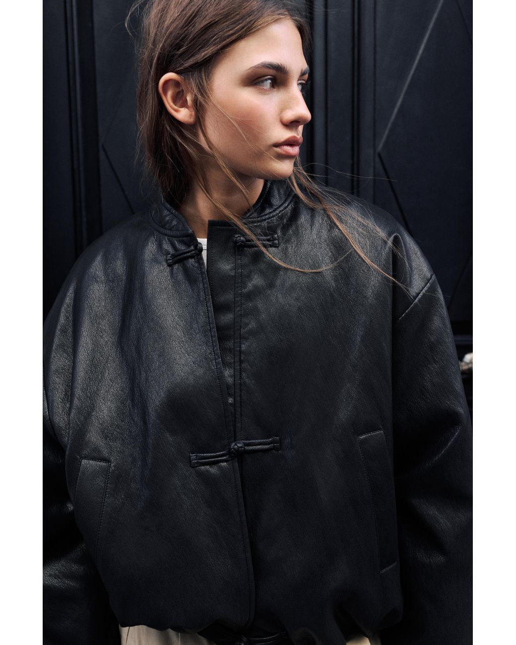 Pull&Bear Black Leather-Effect Bomber Jacket With Fireman Clasps