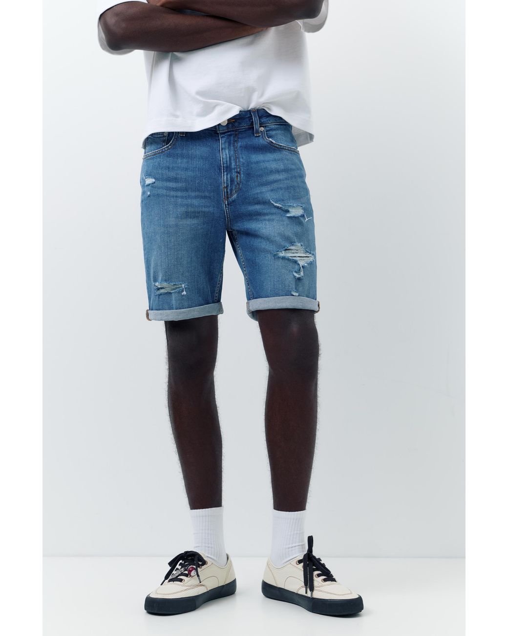 Pull&Bear Blue Ripped Denim Bermuda Shorts for men