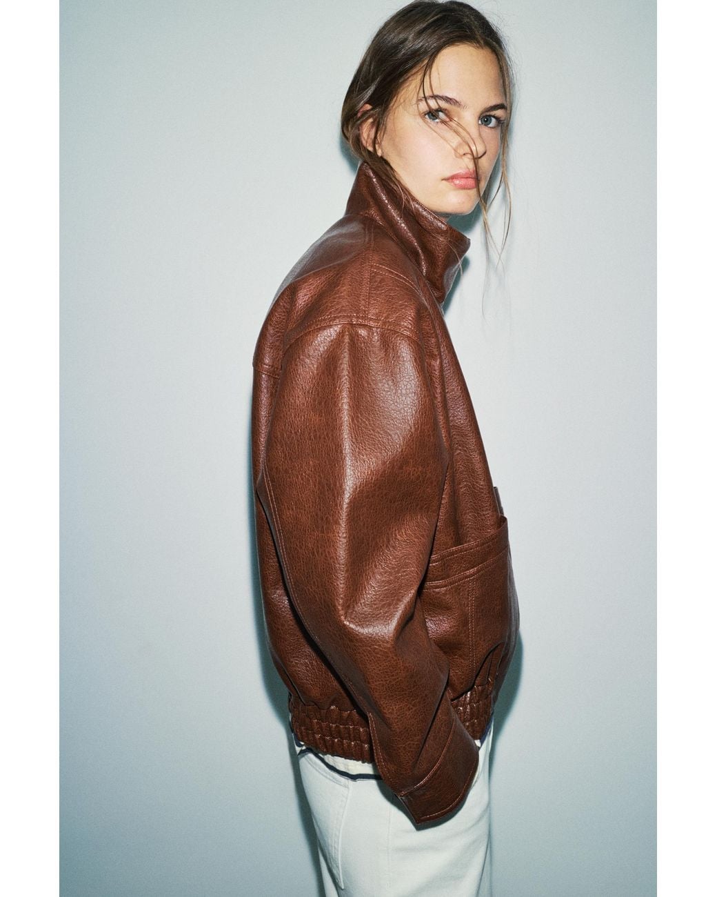 Pull&Bear Brown Leather Effect Jacket With High Neck