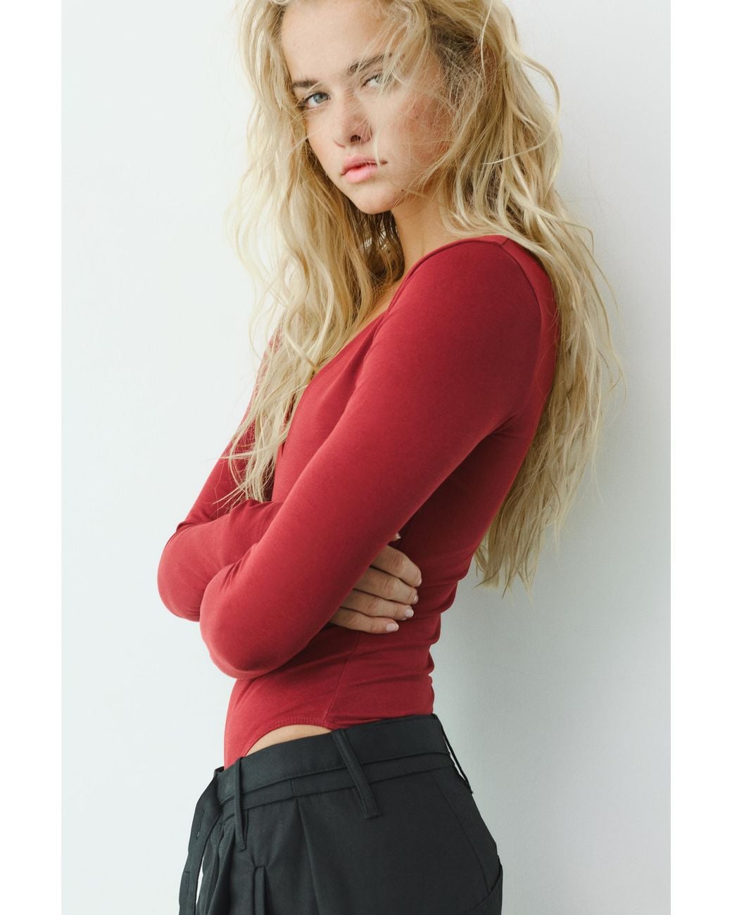 Pull&Bear Red V-Neck Bodysuit