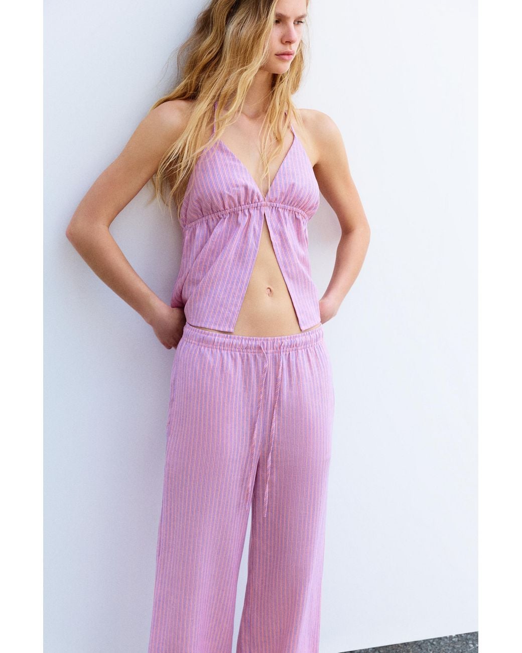 Pull&Bear White Striped Pyjama-Style Trousers With Linen