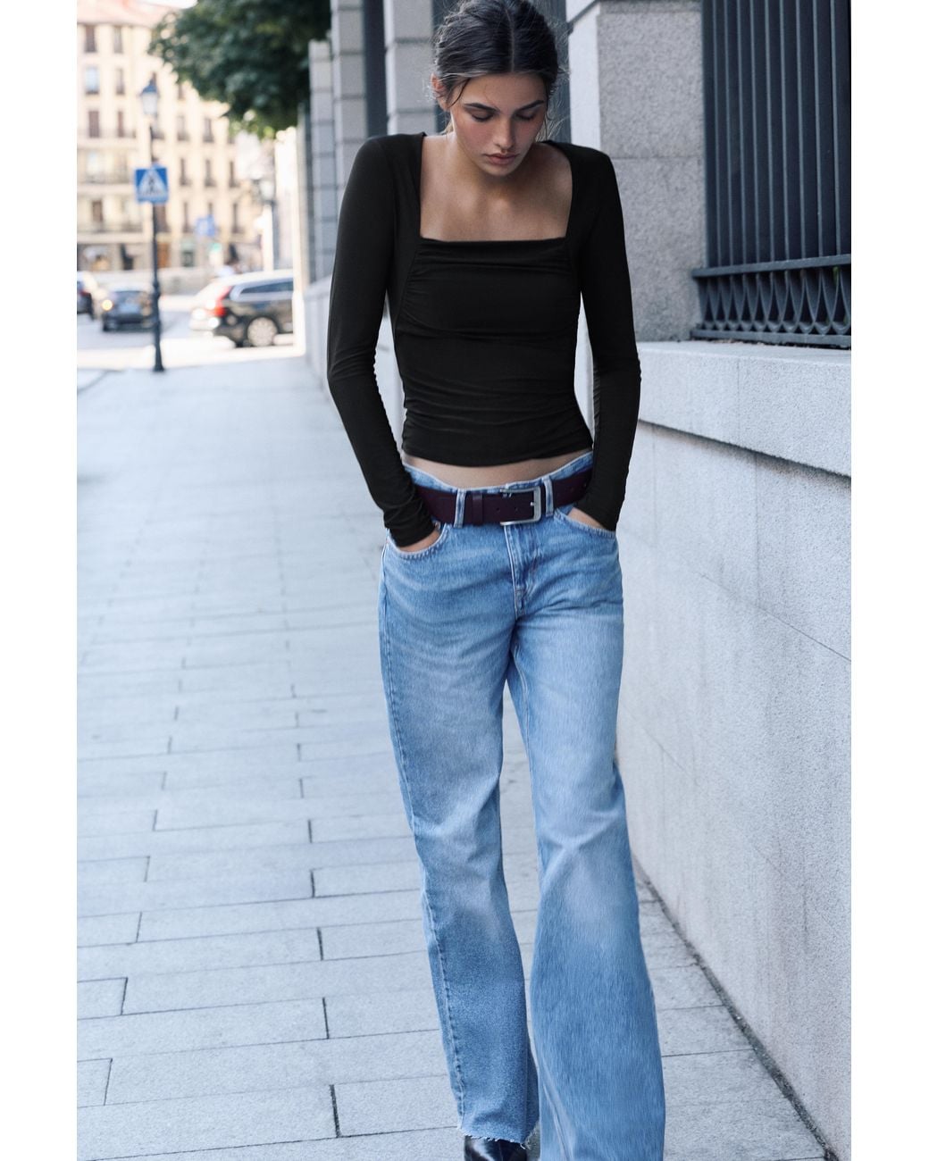 Pull&Bear Black Square Neckline Top With Gathered Detail