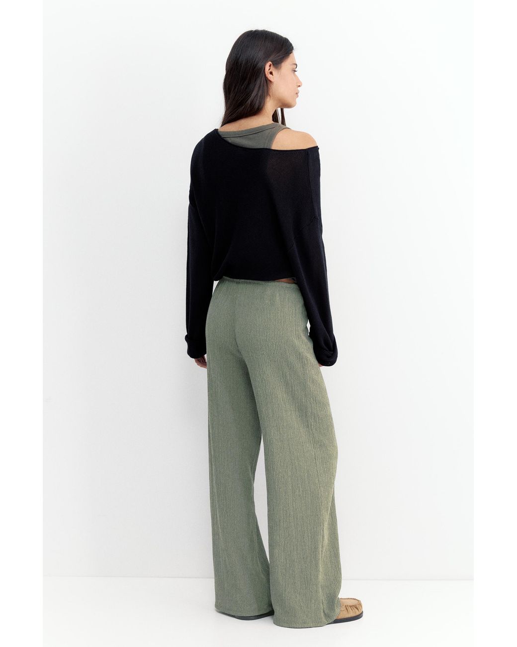 Pull&Bear Green Wide-Leg Crepe Trousers