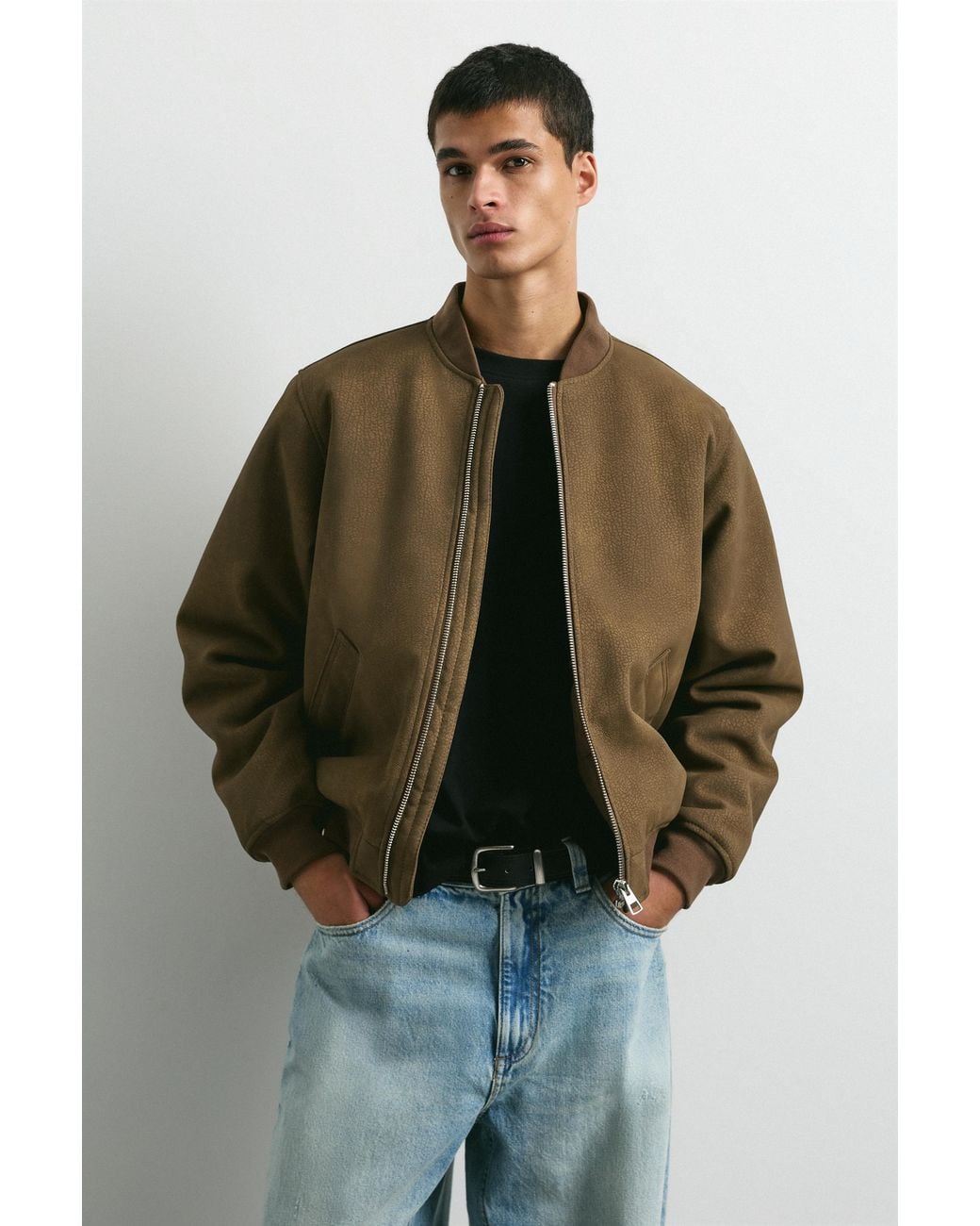 Pull&Bear Green Leather Effect Bomber Jacket for men