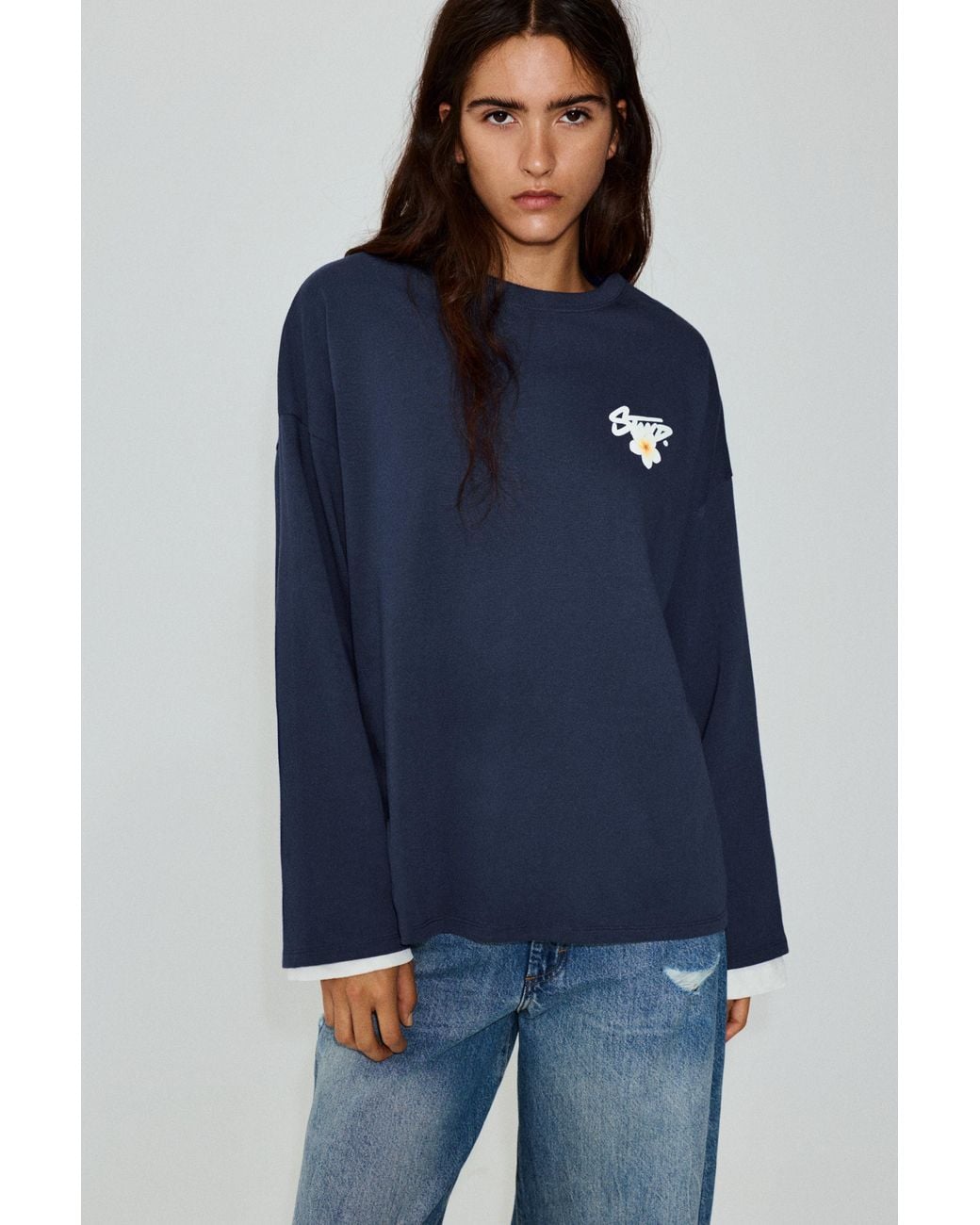 Pull&Bear Blue Oversize Stwd Flower T-Shirt