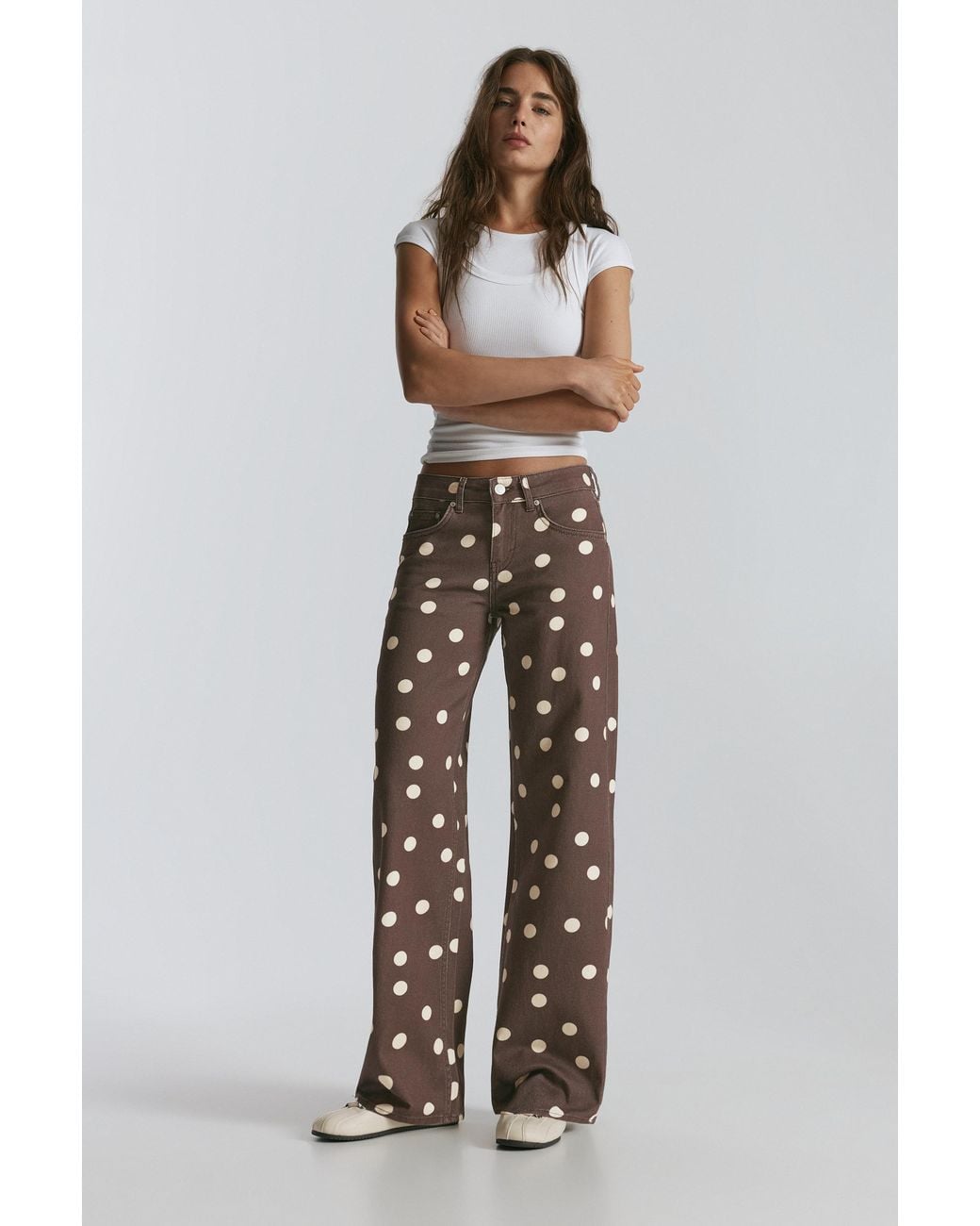 Pull&Bear Brown Straight-Leg Polka Dot Jeans