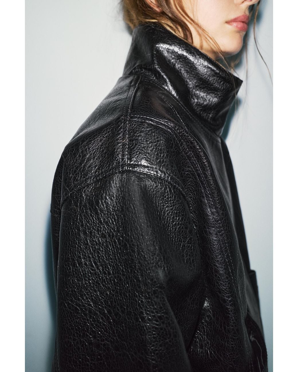 Pull&Bear Black Leather Effect High Neck Jacket