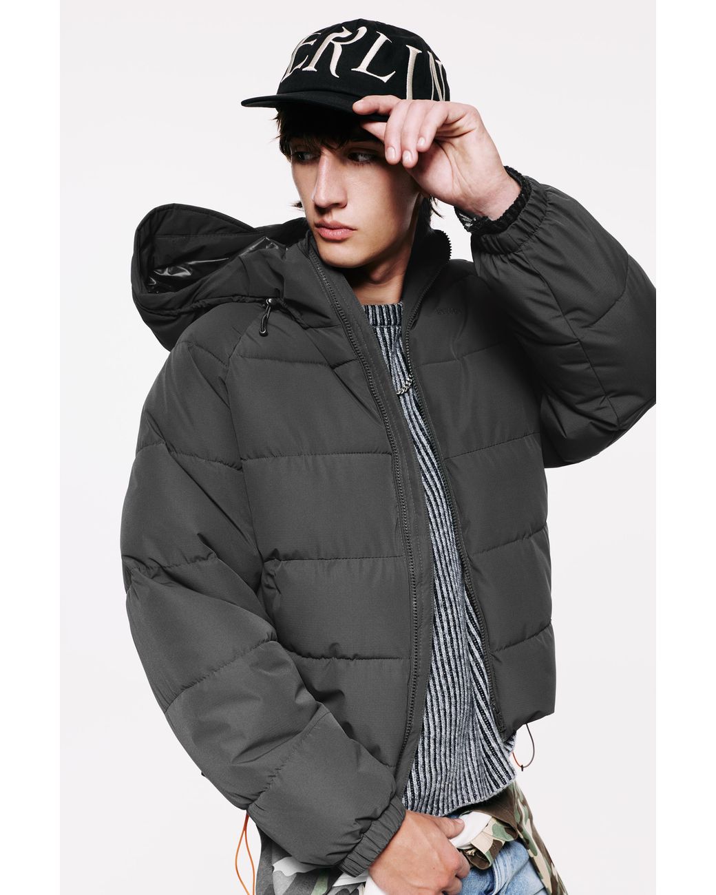 Pull&Bear Gray Quilted Jacket With Hood for men