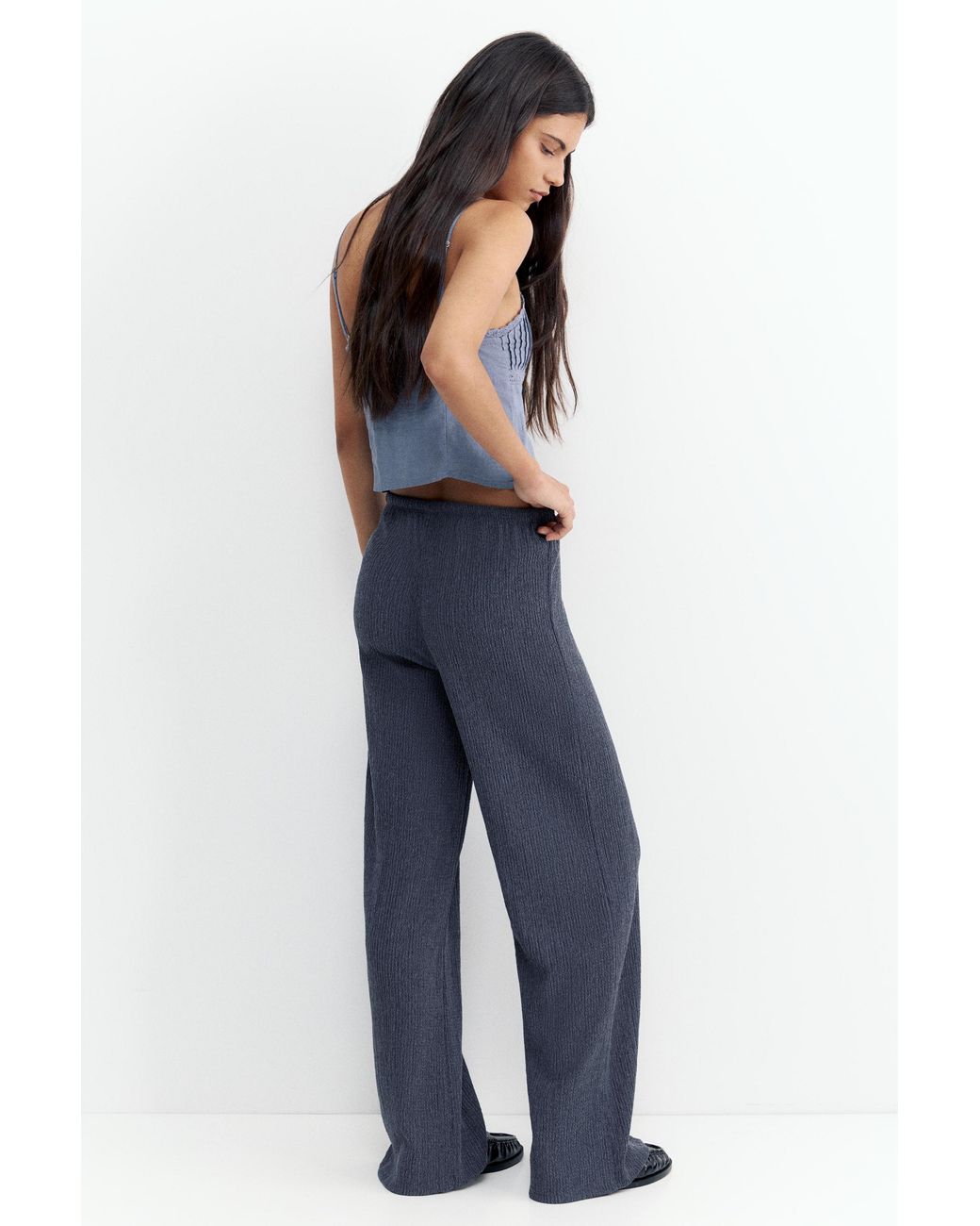 Pull&Bear Blue Wide-Leg Crepe Trousers