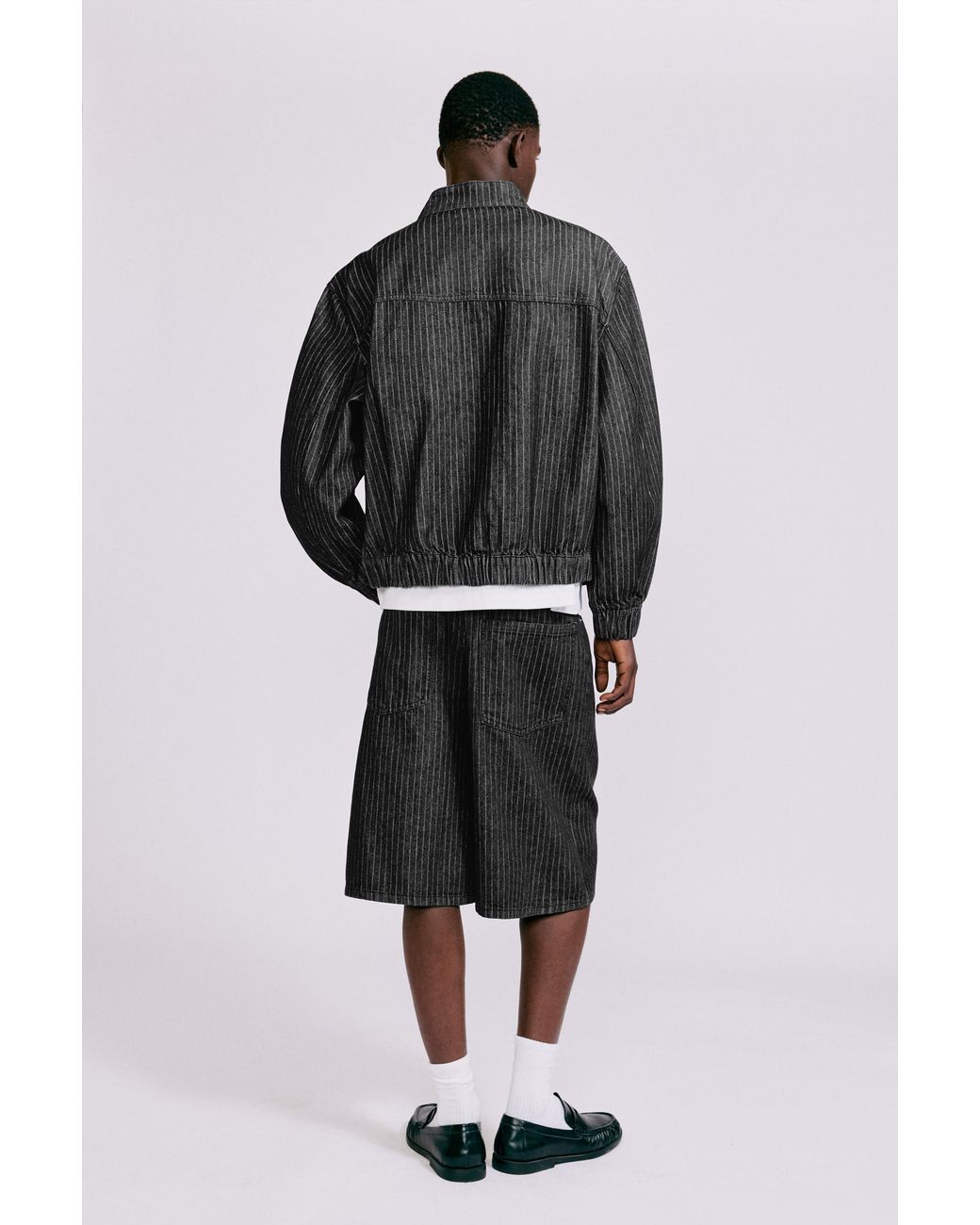 Pull&Bear Gray Pinstripe Skater Denim Bermuda Shorts for men
