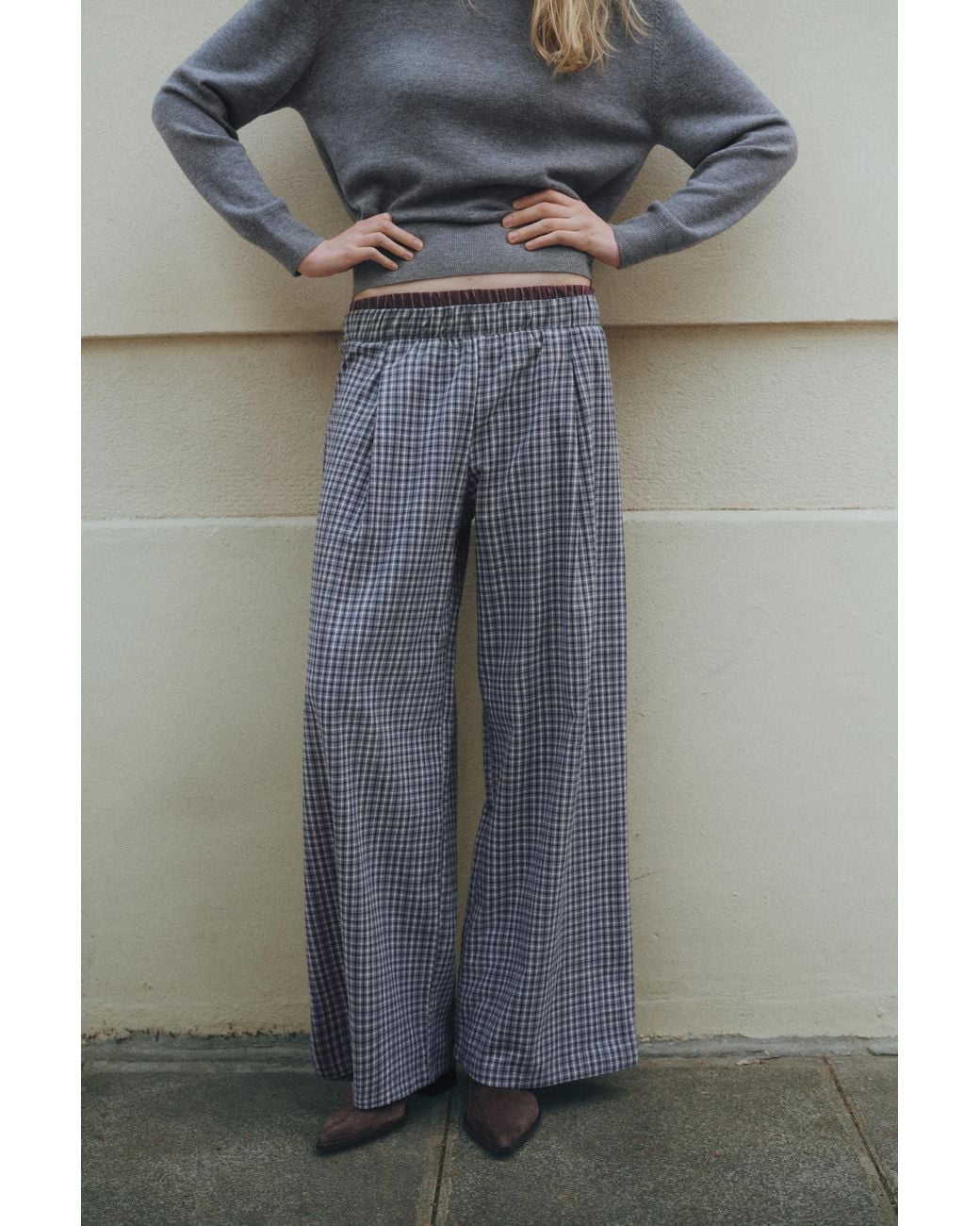 Pull&Bear Gray Combined Check Flowing Trousers