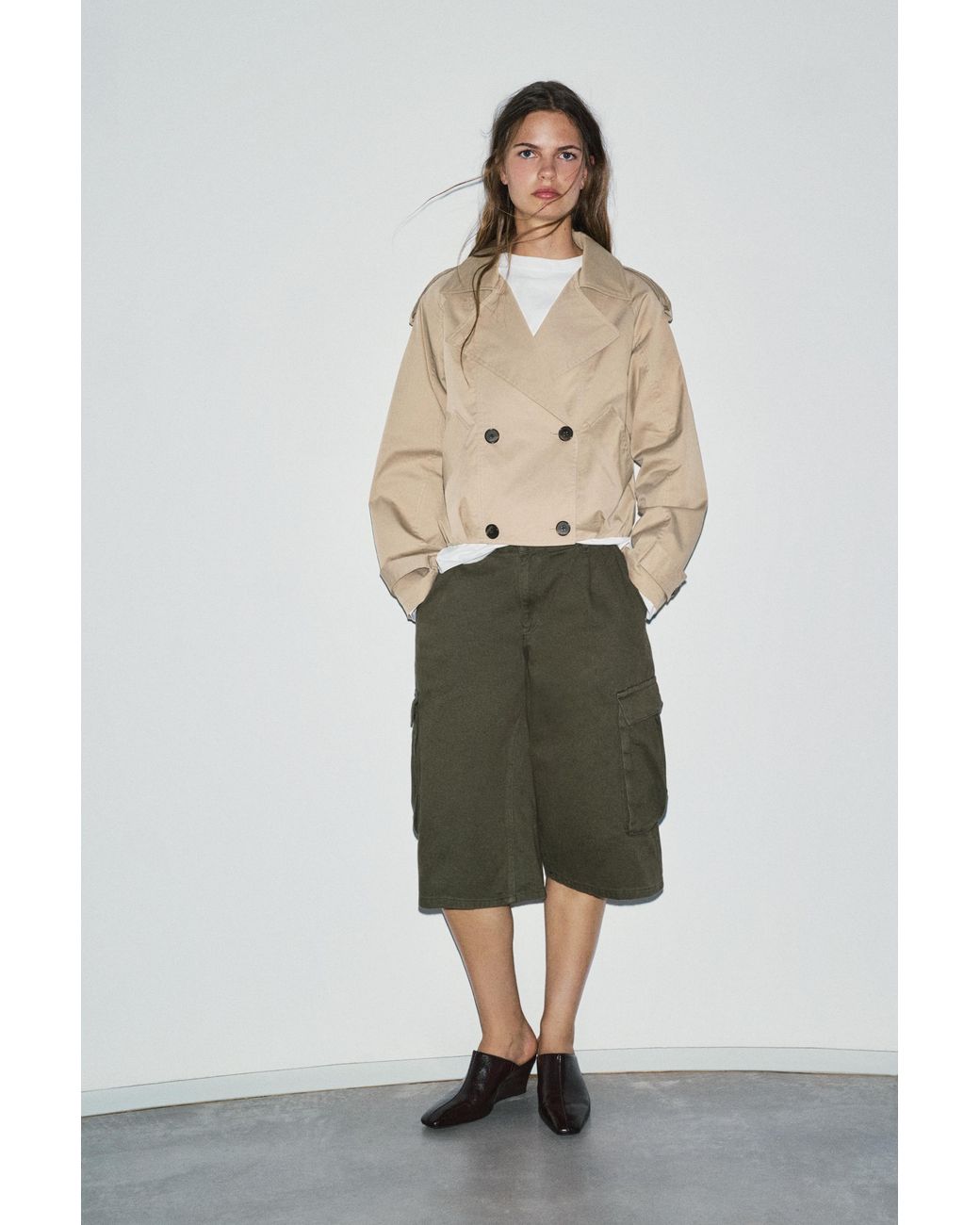 Pull&Bear Natural Balloon-Fit Short Trench Coat
