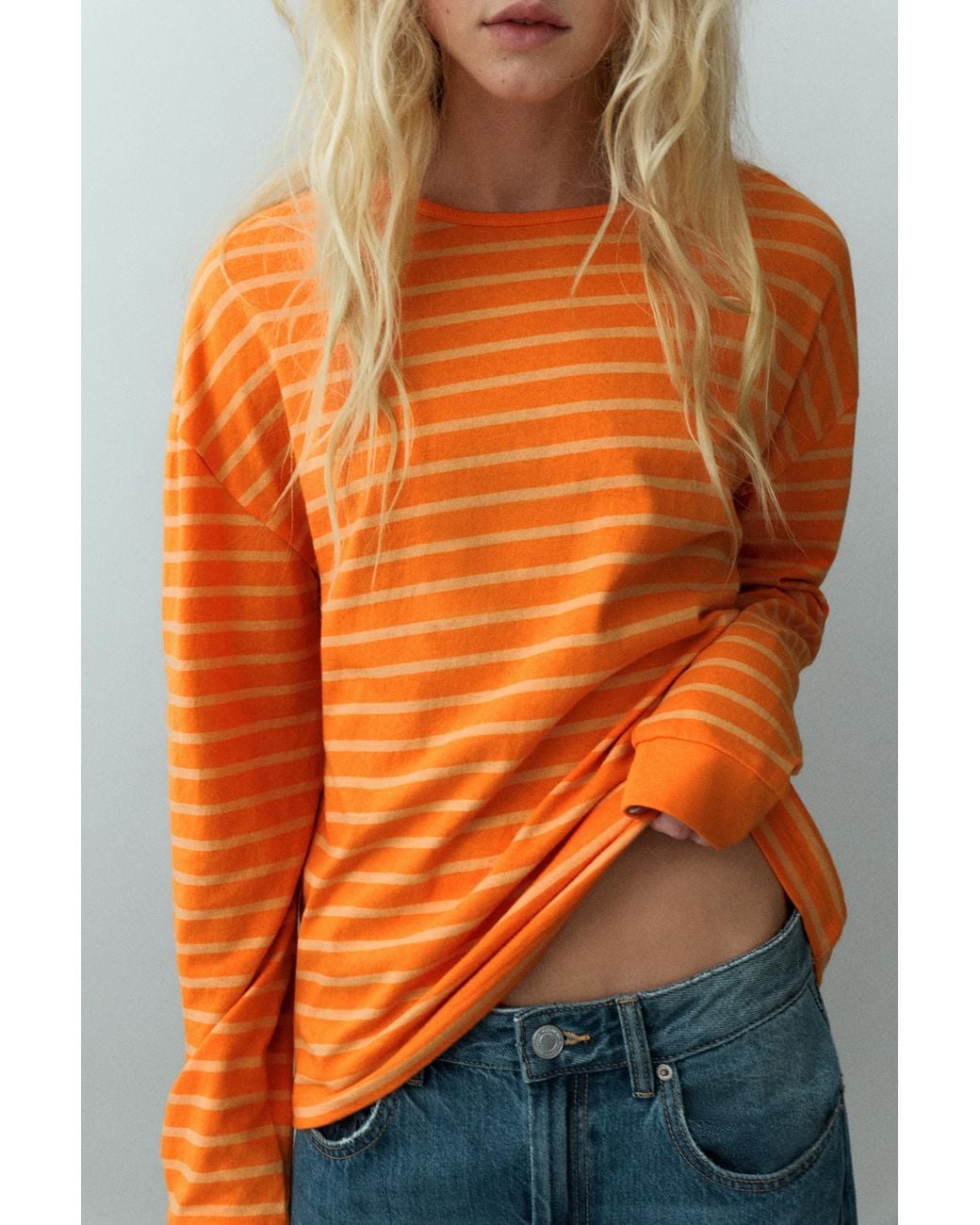 Pull&Bear Orange Striped Long Sleeve T-Shirt