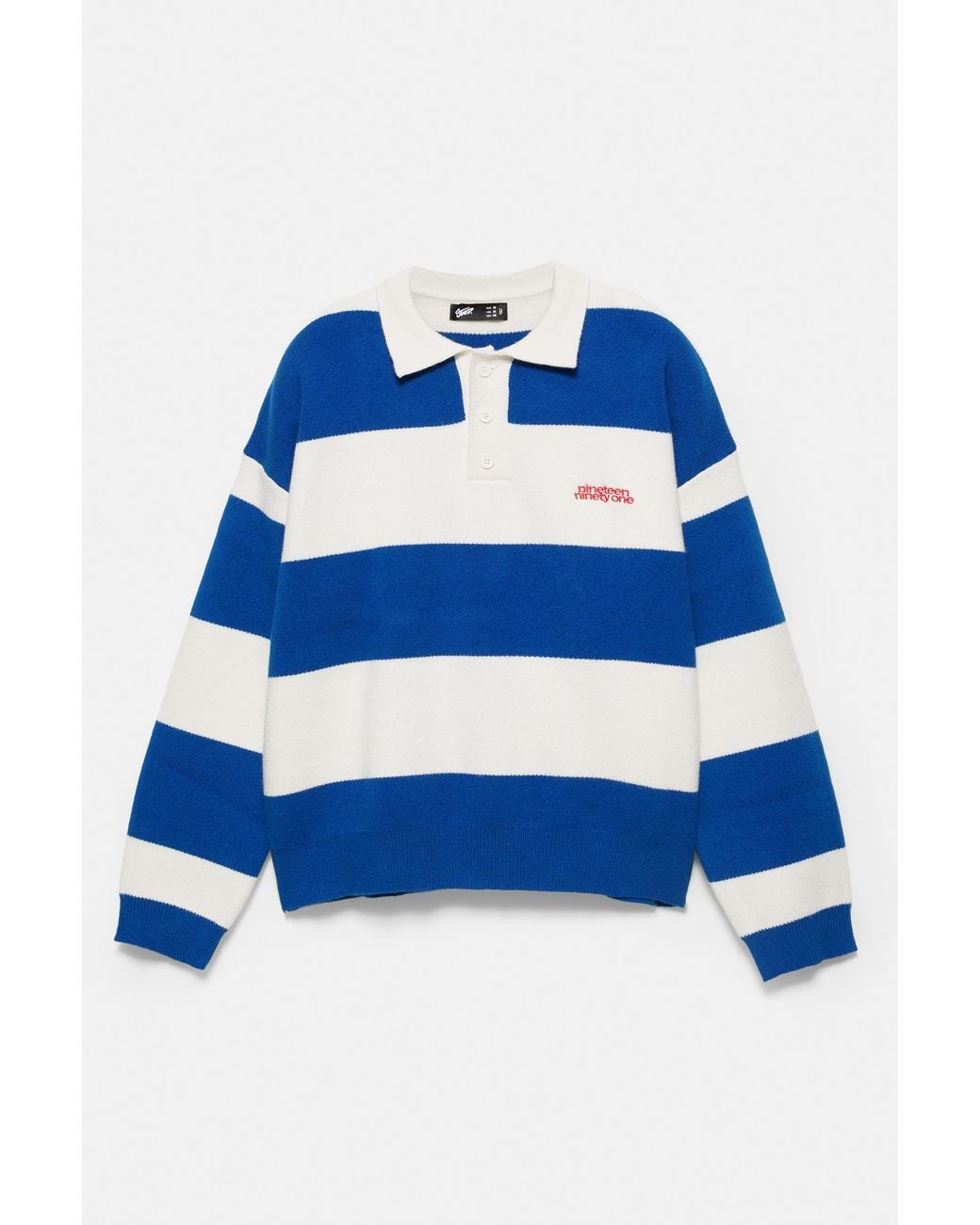 Pull&Bear Blue Long Sleeve Striped Knit Polo Shirt for men