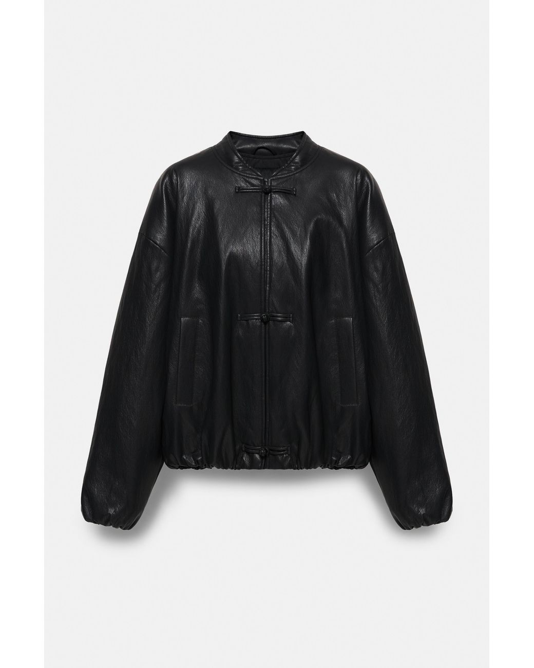Pull&Bear Black Leather-Effect Bomber Jacket With Fireman Clasps