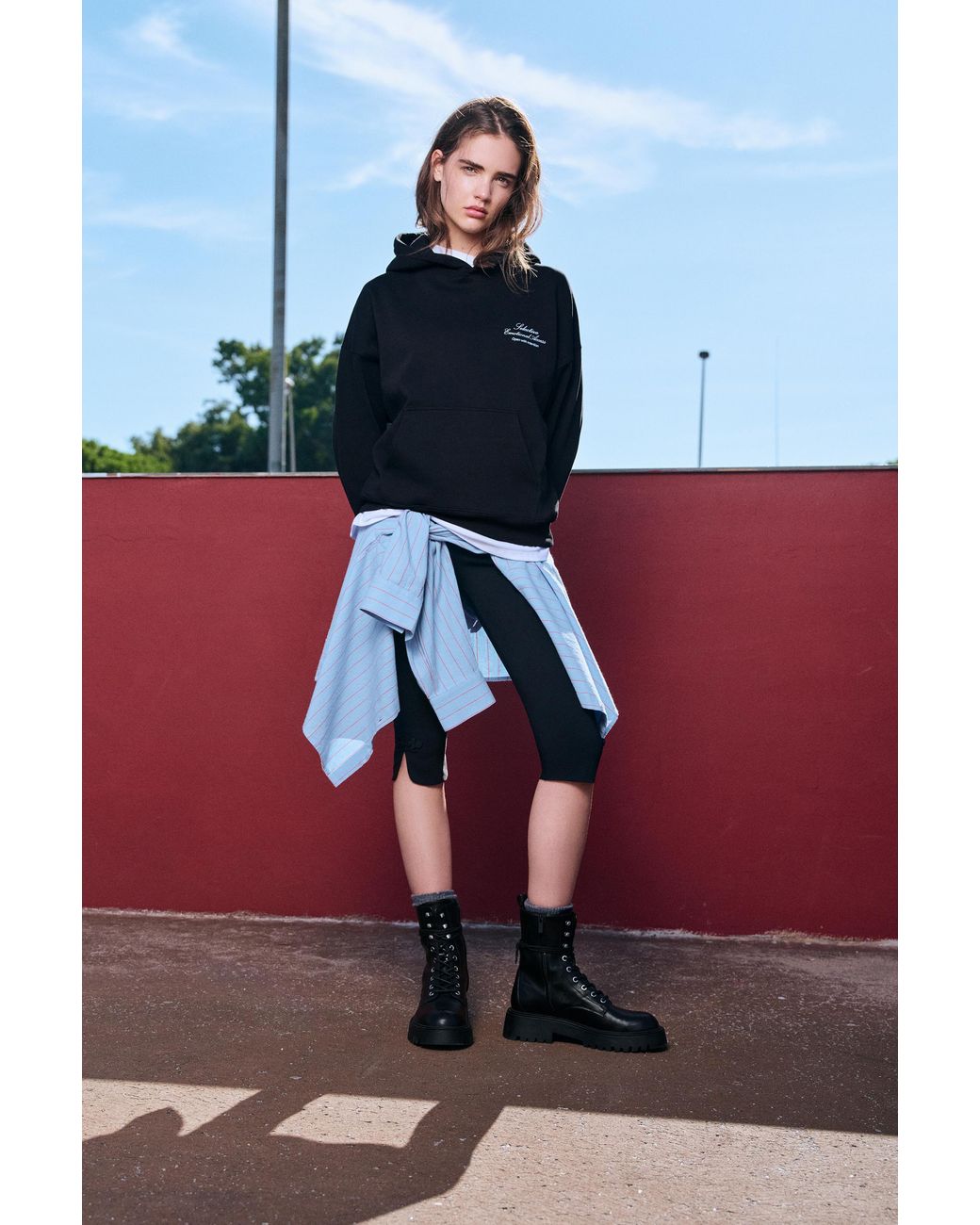 Pull&Bear Black Lace-Up Flat Ankle Boots