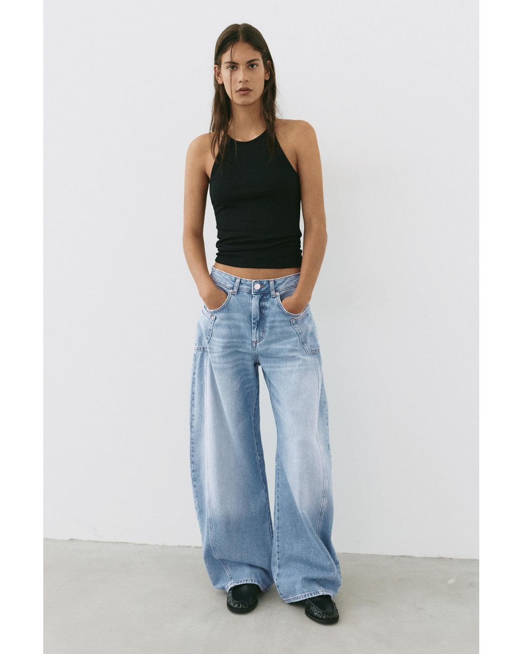 Pull&Bear Blue Balloon Baggy Jeans With Seam Detail