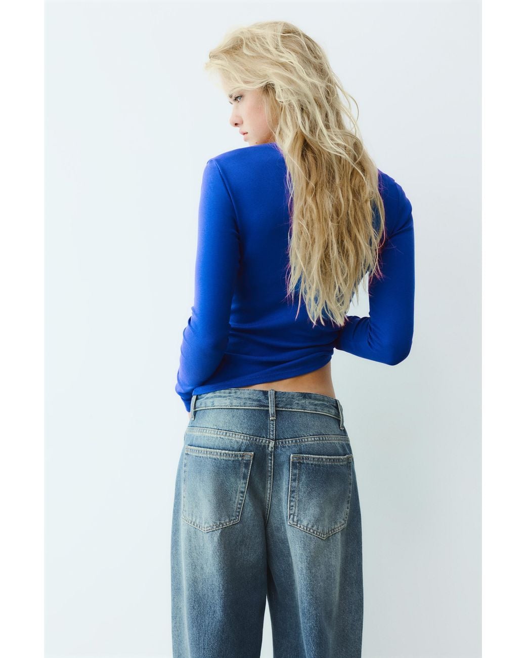 Pull&Bear Blue Fitted Straight Neckline T-Shirt