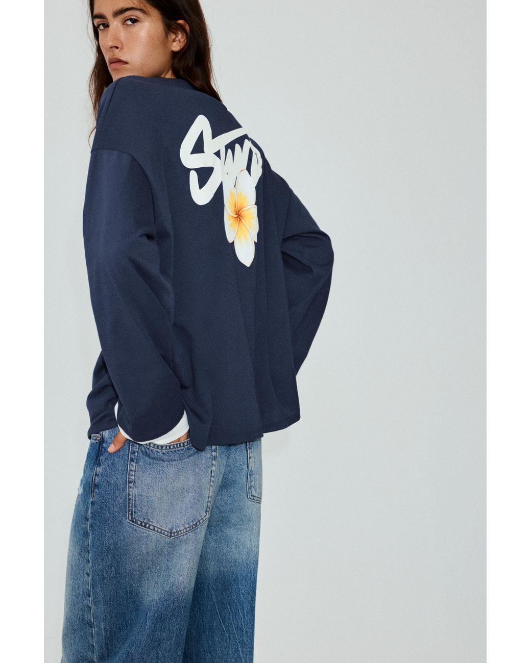 Pull&Bear Blue Oversize Stwd Flower T-Shirt