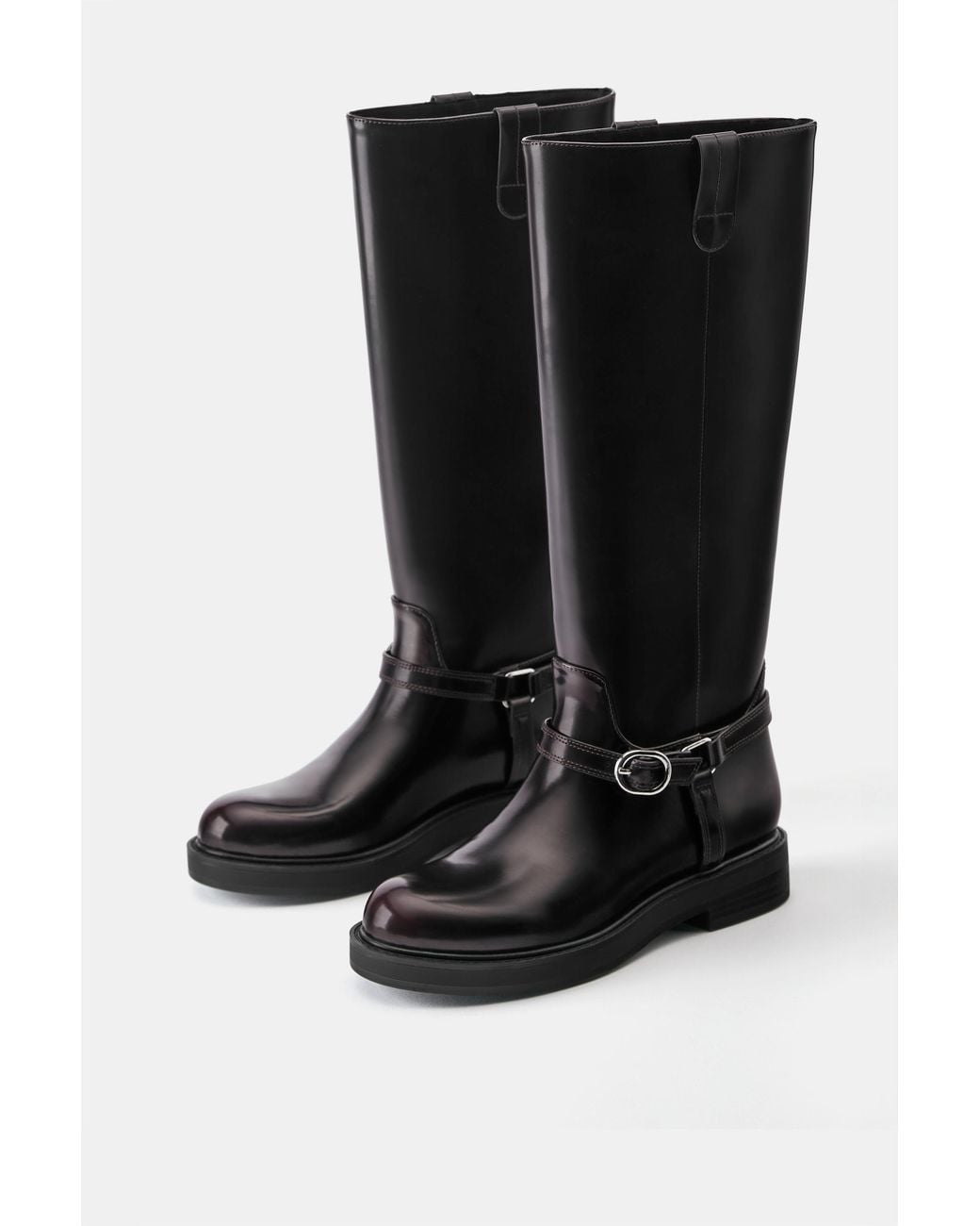 Pull&Bear Red Flat Buckle Knee-High Boots